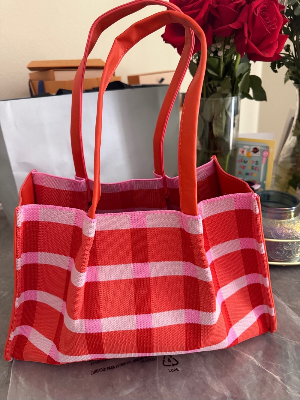 NEW! Coral and Pink Plaid Knitted Tote Bag from Beach bag from Neiman Marcus